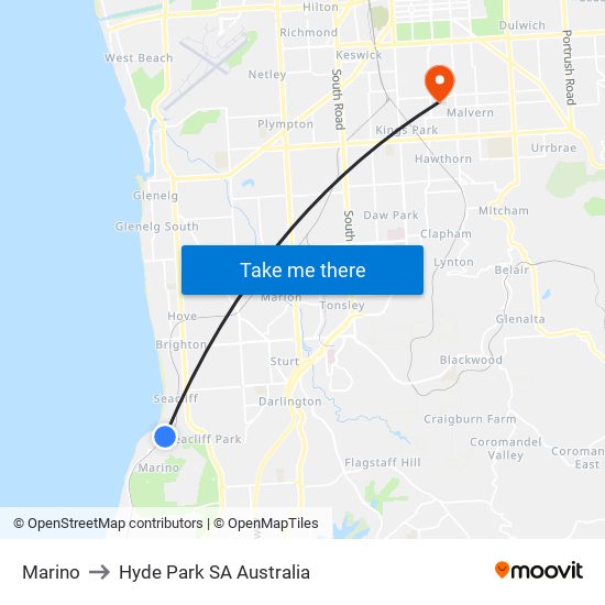 Marino to Hyde Park SA Australia map