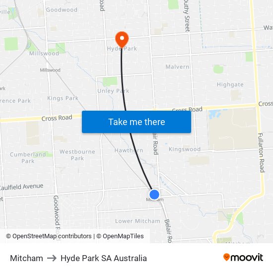 Mitcham to Hyde Park SA Australia map