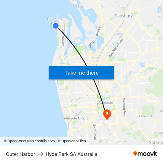 Outer Harbor to Hyde Park SA Australia map