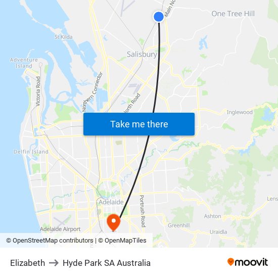 Elizabeth to Hyde Park SA Australia map