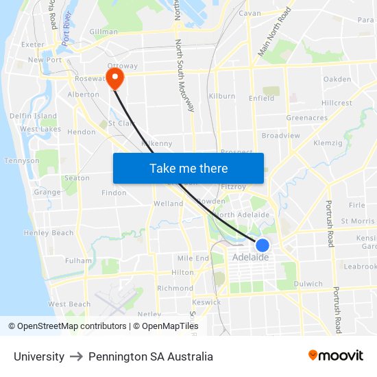 University to Pennington SA Australia map