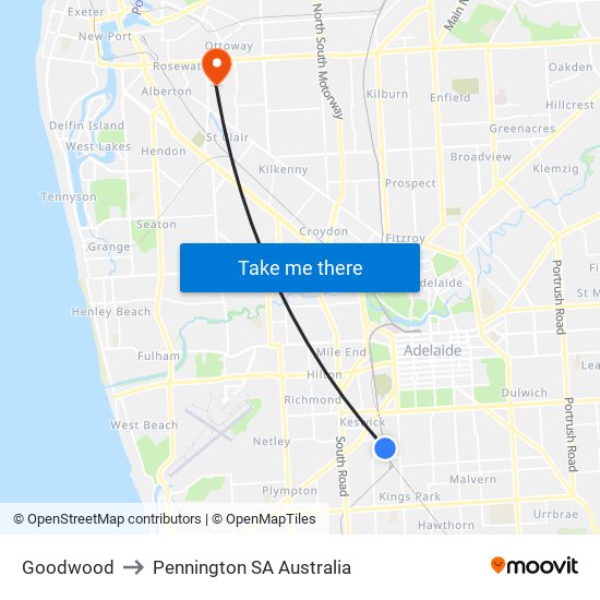 Goodwood to Pennington SA Australia map