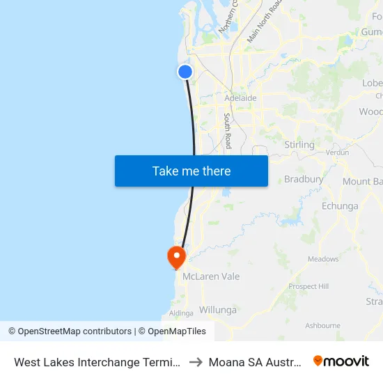 West Lakes Interchange Terminus to Moana SA Australia map