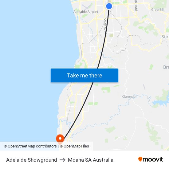 Adelaide Showground to Moana SA Australia map