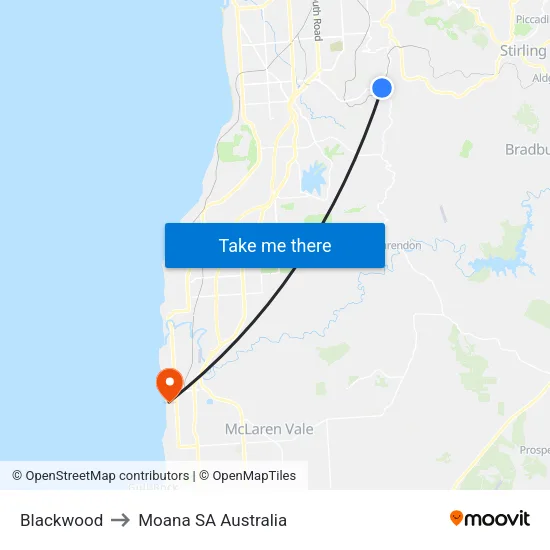 Blackwood to Moana SA Australia map
