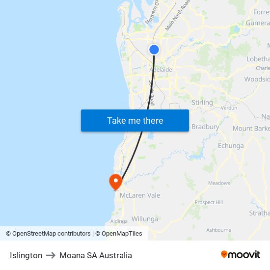 Islington to Moana SA Australia map