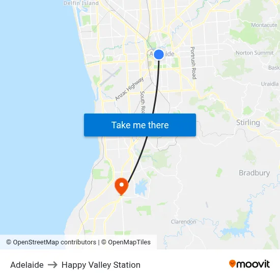 Adelaide to Happy Valley Station map