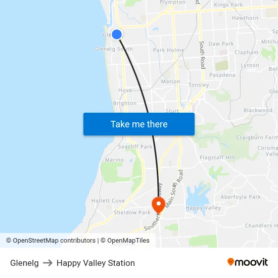 Glenelg to Happy Valley Station map