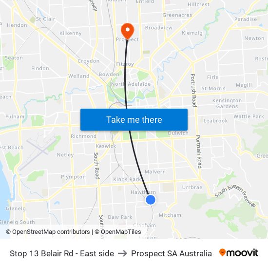 Stop 13 Belair Rd - East side to Prospect SA Australia map