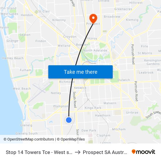 Stop 14 Towers Tce - West side to Prospect SA Australia map