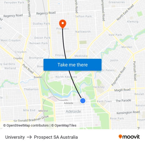 University to Prospect SA Australia map