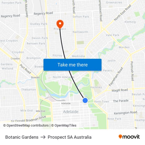 Botanic Gardens to Prospect SA Australia map