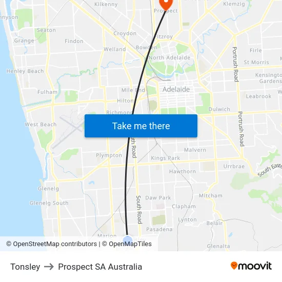 Tonsley to Prospect SA Australia map
