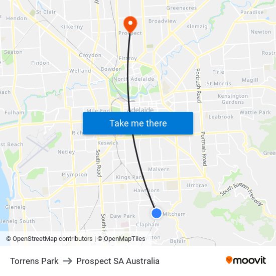 Torrens Park to Prospect SA Australia map