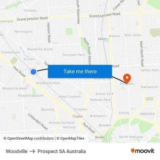 Woodville to Prospect SA Australia map