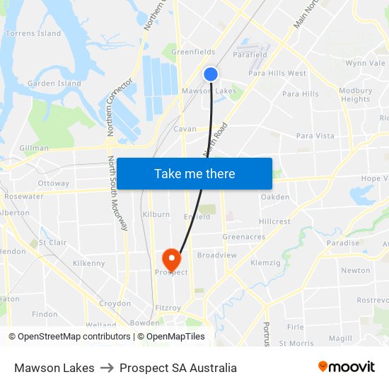 Mawson Lakes to Prospect SA Australia map