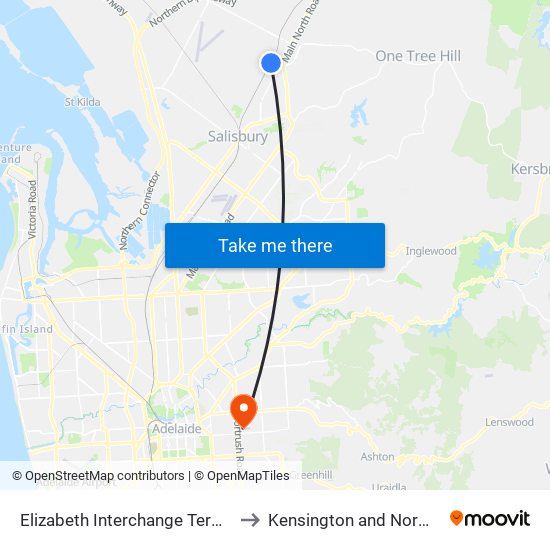 Elizabeth Interchange Terminus to Kensington and Norwood map