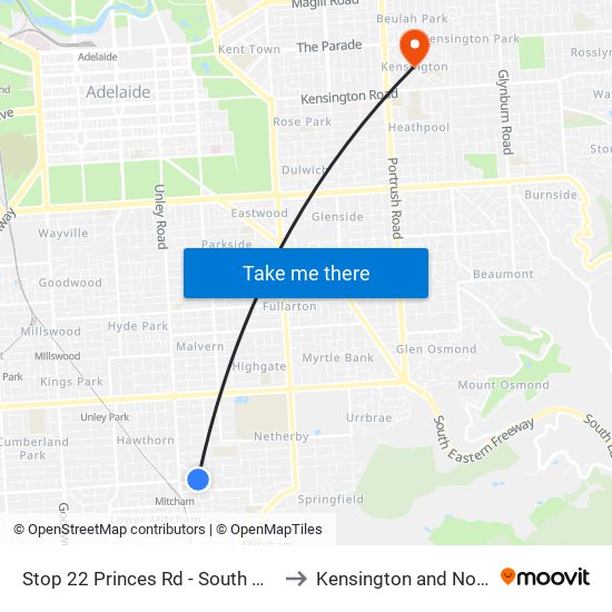 Stop 22 Princes Rd - South West side to Kensington and Norwood map