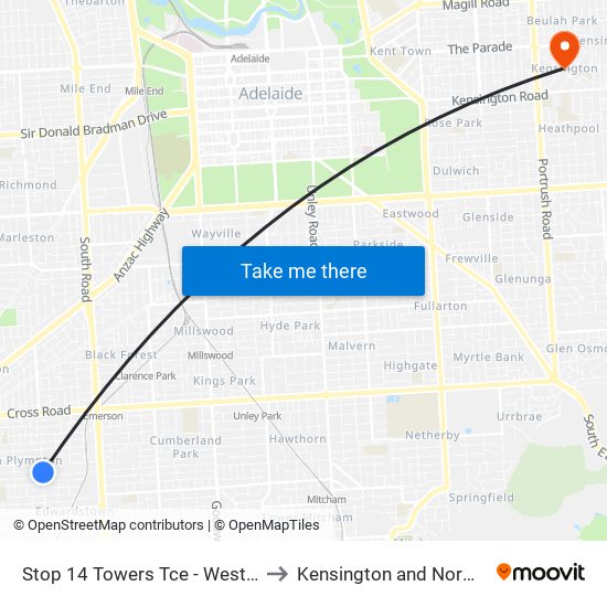 Stop 14 Towers Tce - West side to Kensington and Norwood map