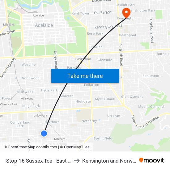 Stop 16 Sussex Tce - East side to Kensington and Norwood map