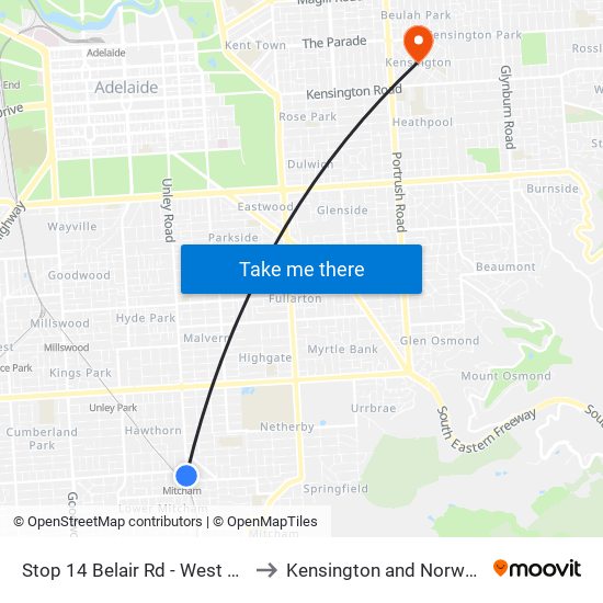 Stop 14 Belair Rd - West side to Kensington and Norwood map