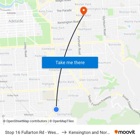 Stop 16 Fullarton Rd - West side to Kensington and Norwood map