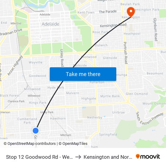 Stop 12 Goodwood Rd - West side to Kensington and Norwood map