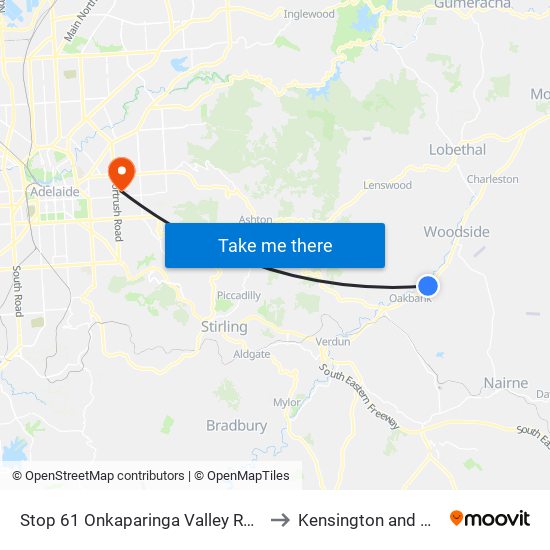Stop 61 Onkaparinga Valley Rd - North side to Kensington and Norwood map