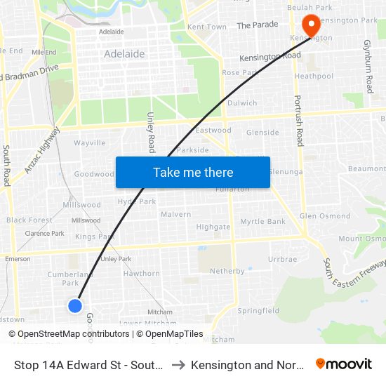 Stop 14A Edward St - South side to Kensington and Norwood map