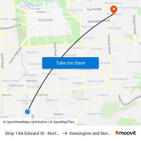 Stop 14A Edward St - North side to Kensington and Norwood map