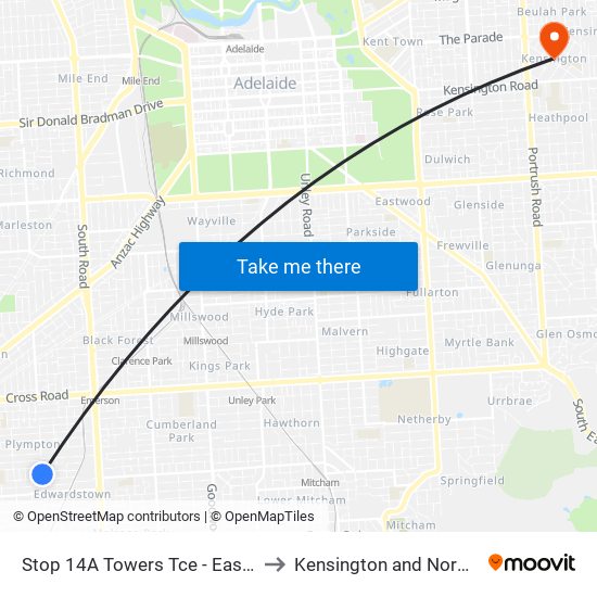 Stop 14A Towers Tce - East side to Kensington and Norwood map