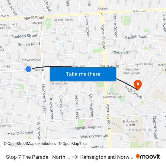 Stop 7 The Parade - North side to Kensington and Norwood map