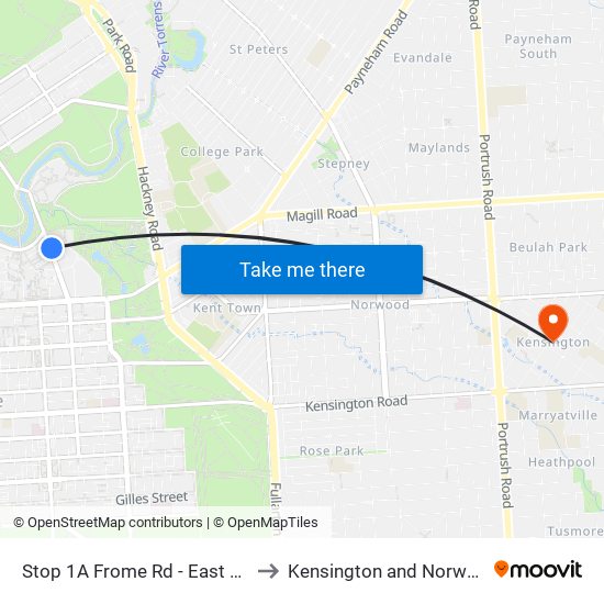Stop 1A Frome Rd - East side to Kensington and Norwood map