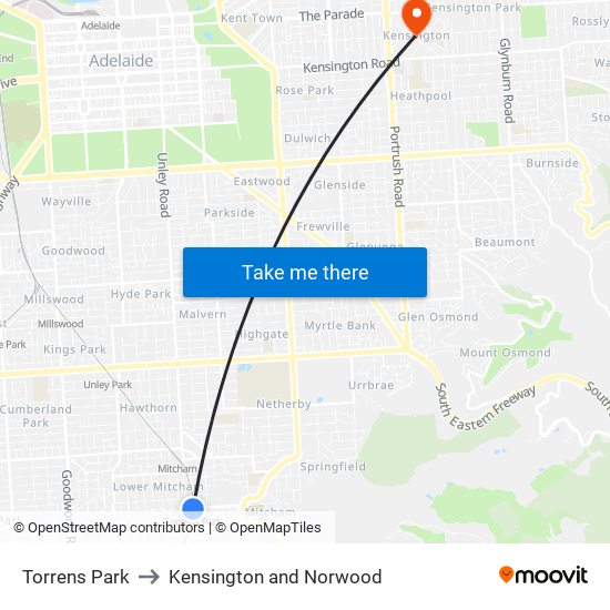 Torrens Park to Kensington and Norwood map