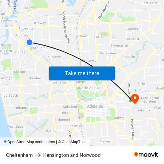 Cheltenham to Kensington and Norwood map