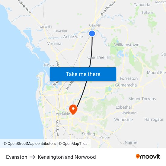 Evanston to Kensington and Norwood map