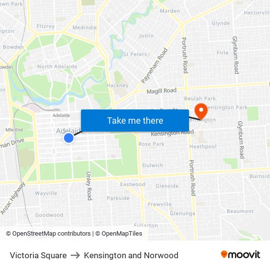 Victoria Square to Kensington and Norwood map