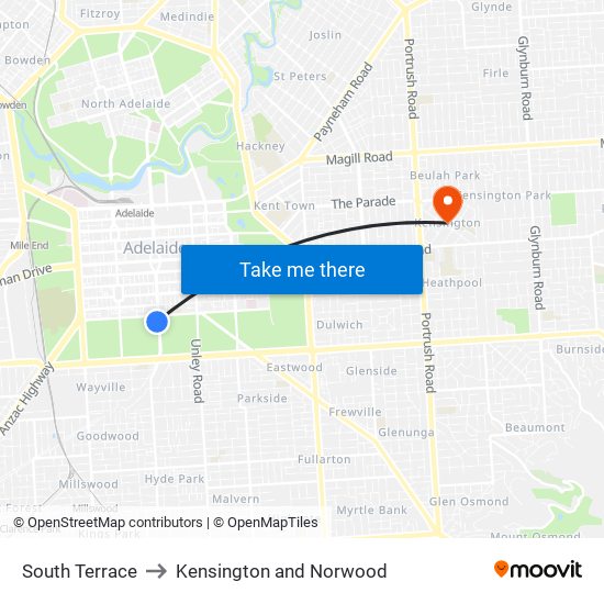 South Terrace to Kensington and Norwood map