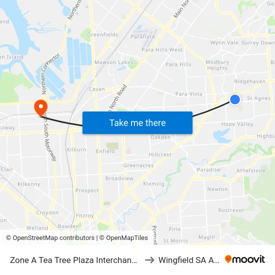 Zone A Tea Tree Plaza Interchange - West side to Wingfield SA Australia map