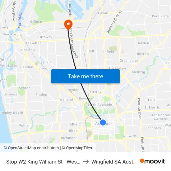 Stop W2 King William St - West side to Wingfield SA Australia map