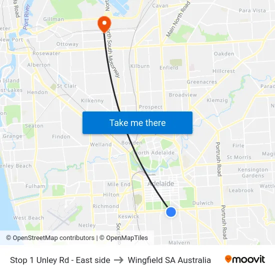 Stop 1 Unley Rd - East side to Wingfield SA Australia map