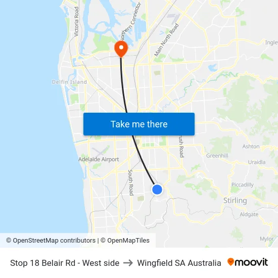 Stop 18 Belair Rd - West side to Wingfield SA Australia map