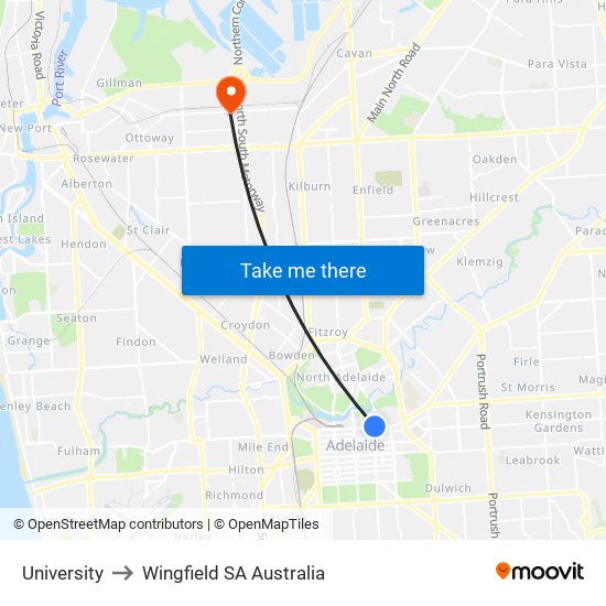 University to Wingfield SA Australia map