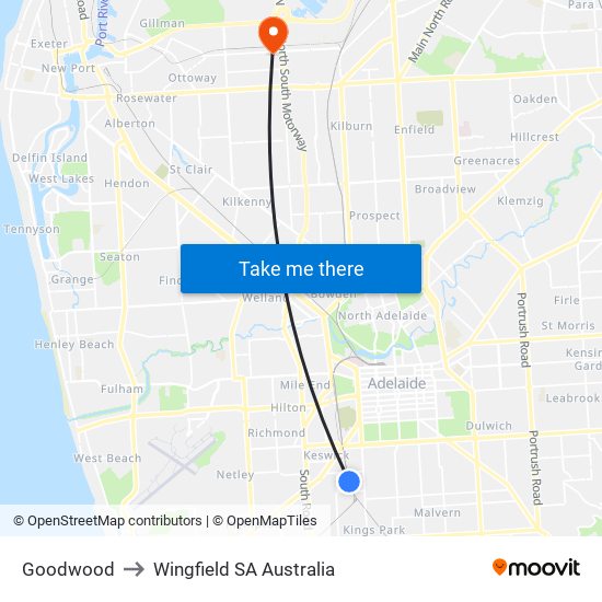 Goodwood to Wingfield SA Australia map