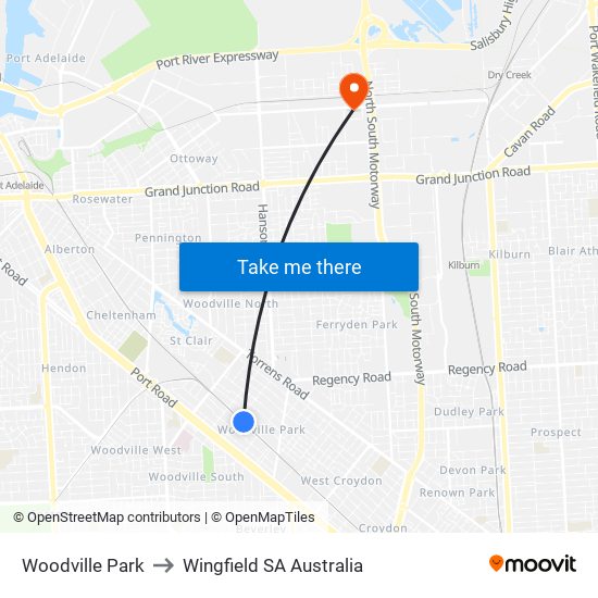 Woodville Park to Wingfield SA Australia map