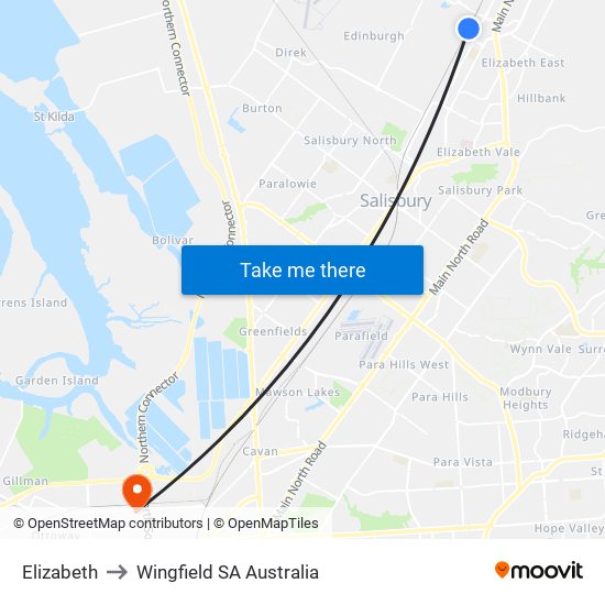 Elizabeth to Wingfield SA Australia map