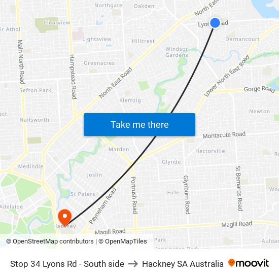 Stop 34 Lyons Rd - South side to Hackney SA Australia map