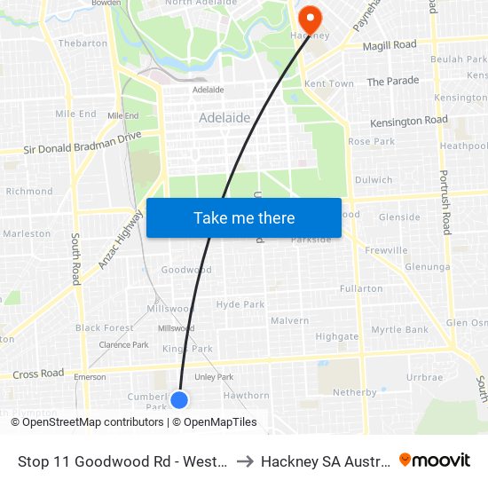 Stop 11 Goodwood Rd - West side to Hackney SA Australia map