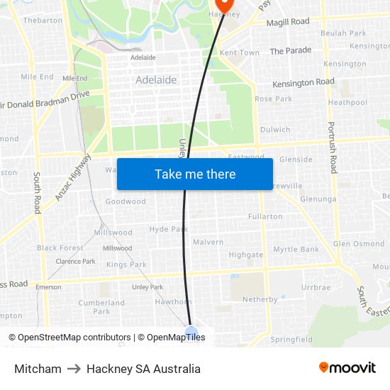 Mitcham to Hackney SA Australia map