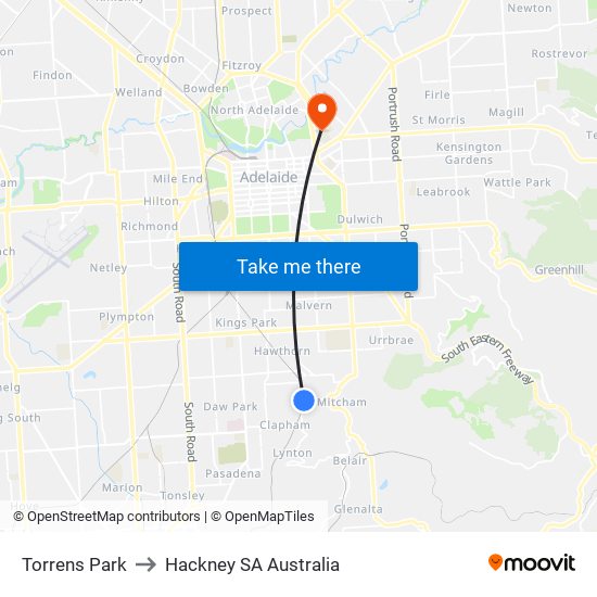 Torrens Park to Hackney SA Australia map
